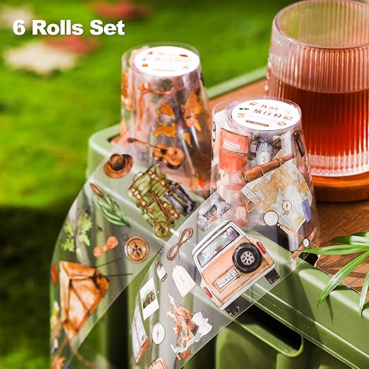 6 Rolls Travel PET Tape Set with Clip, Camping and Adventure-Themed Sticker Tape for Journaling, Scrapbooking, and DIY Crafts