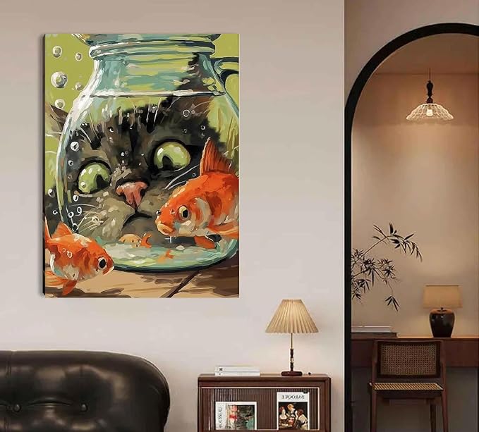 Fairyland JinWenn Curious Cat Fish Paint by Numbers Kit for Adults Framed Canvas Frameworkless