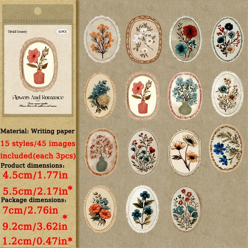 45Pcs Vintage Flower Stickers for Scrapbooking Stationary Decorative Sticker Plant Floral Sticker Scrapbook Stickers for Journaling Journal Supplies Wildflower Decal Gift Box Seal Decals for Crafts