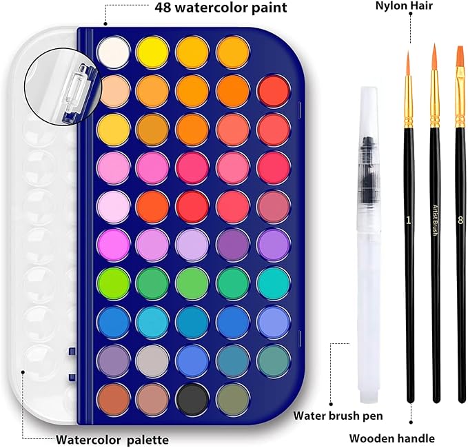 GETHPEN 48 Colors Watercolor Paint Set, 3 Brushes 1 Water Color Brush pen | Washable Watercolor Paint Kit, Watercolor palette, Non-toxic Water Color Paints, Adults Artists Students Beginner