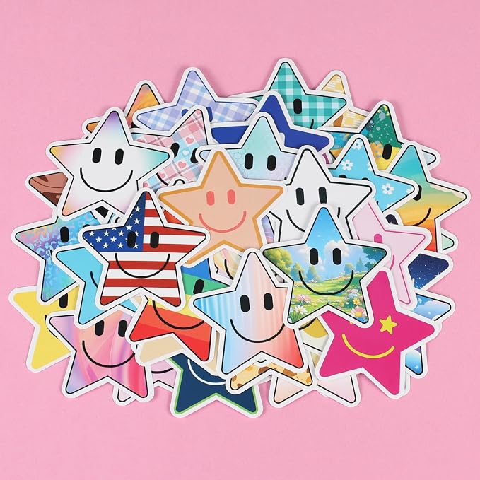 50PCS Smile Star Stickers, Cute Water Bottle Stickers for Kids