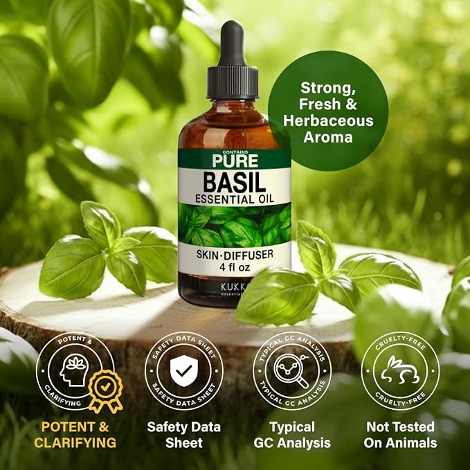 Kukka 100% Pure Basil Essential Oil for Skin, Diffuser, 4 Fl Oz | Undiluted Basil Oil for Scalp Care, Clarifying Skin Care, Uplifting Diffuser Blends & DIY Soap Making