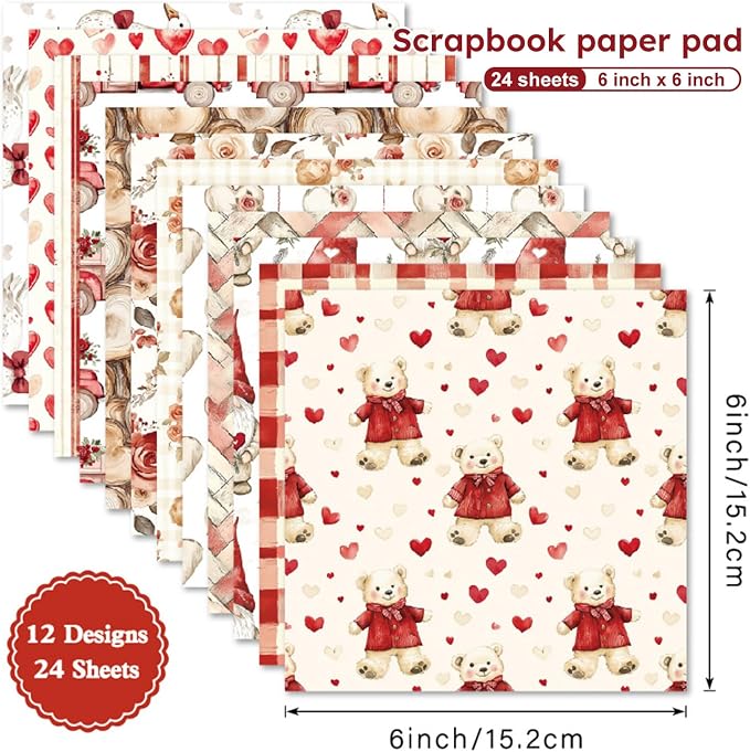 24 Sheets Cute Scrapbooking Paper Pad - 6inch Sweet Patterns Designed Supplies for Valentine Christmas DIY Crafts Cardstock Material Journals Collage Diary Gift Folded Wrapping