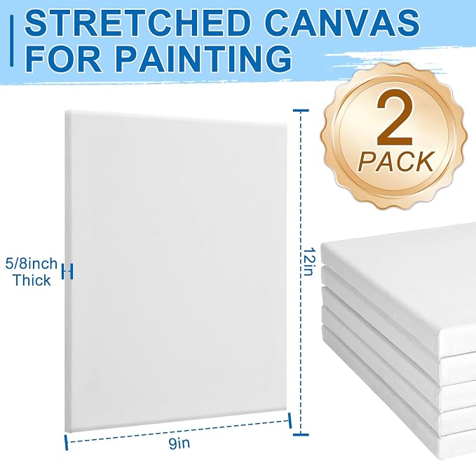 ESRICH Stretched Canvas for Painting, 2 Pack 9x12 Inch Canvas Value Pack,Primed Acid-Free Cotton Blank Canvases, Painting Canvas for Oil & Acrylic Paint.