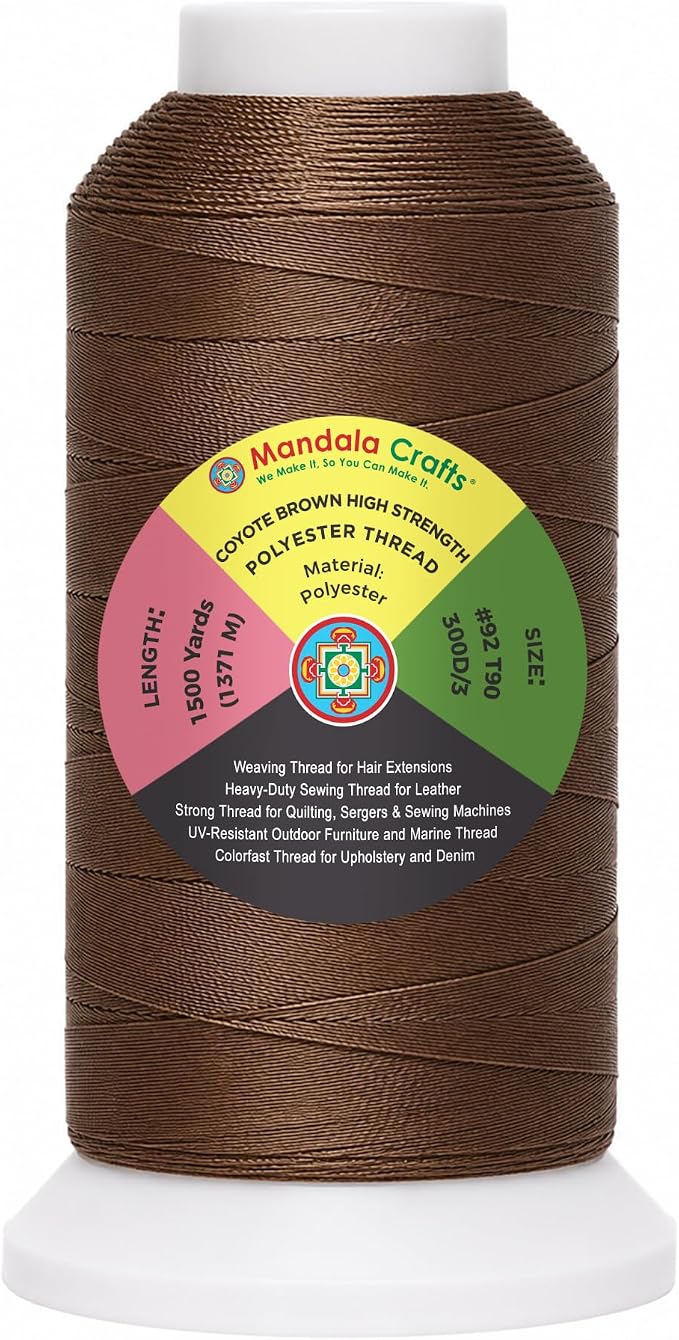 Mandala Crafts Coyote Brown Tex 90 Upholstery Polyester Heavy Duty Thread | 1500 Yds T90 UV Resistant Strong Thread for Leather Sewing, Marine, Drapery, Jeans, Hair Weaving & Extension, Outdoor