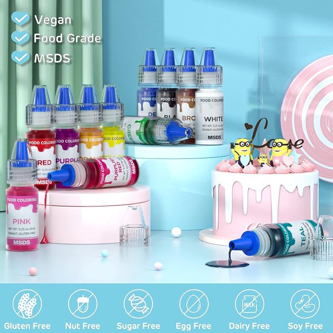 Cherrysea 12 Colors Food Coloring Set - Vibrant Liquid Food Colors Frosting Dye Tasteless for Cake Decorating, Easter Egg, Royal Icing, Fondant, Macaron - 0.25 Fl. oz/Bottles