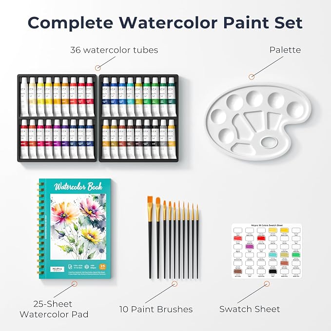 Nicpro Watercolor Paint Set for Adults Kids, 36 Colors Watercolor Tube Set | 12ml/0.4oz Tube, with10 Paint Brushes, 25-Sheet Watercolor Paper Book, Palette, Water Color Art Supplies for Artists Gift