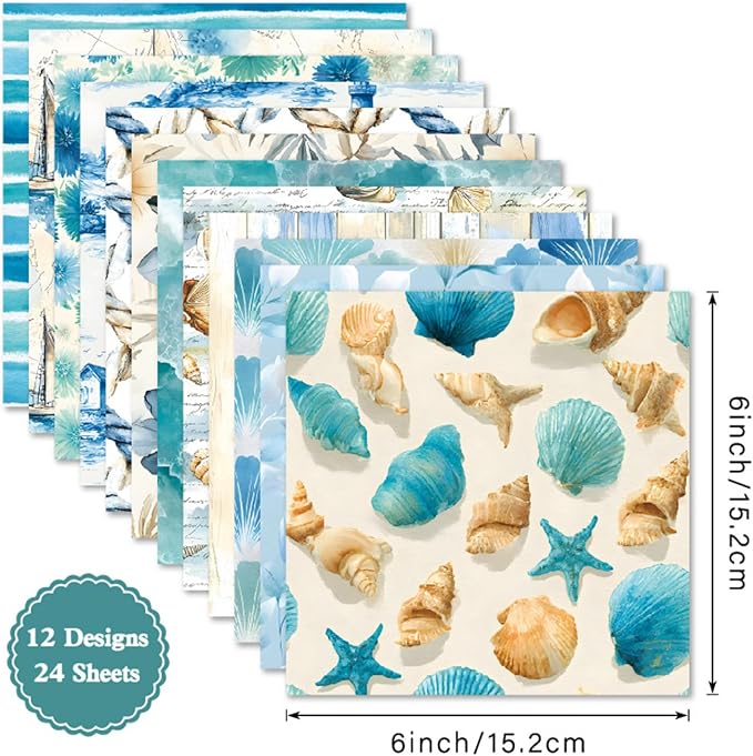 Blue Aesthetics Scrapbooking Paper Pad - 24 Sheets 6'' x 6'' Beach Shell Patterned Decorative Collage Decoupage for Journaling Wrapping Folded Supplies Gift DIY Crafts Cards Photo Album
