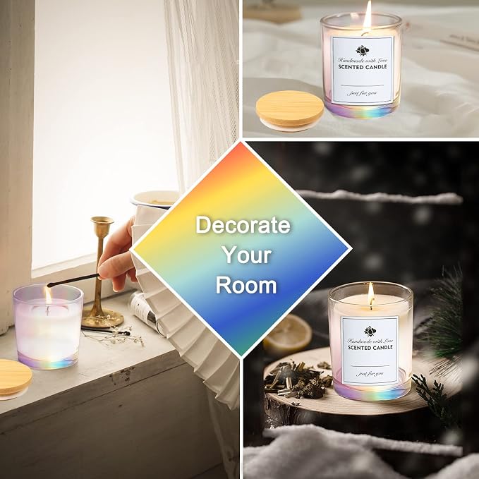 CONNOO 12 Pack 10 OZ Iridescent Glass Candle Jars | Airtight Bamboo Lids Nice Sticky Warning Labels for Candle Making Empty Container Bulk - Dishwasher Safe