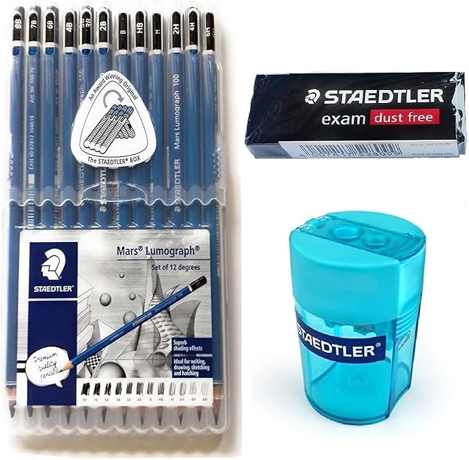 Staedtler Mars Lumograph Pencil Set – 12 Premium Graphite Drawing Pencils (6H-8B) with Sharpener & Dust-Free Eraser – Professional Sketching & Shading Kit for Artists, Designers & Students