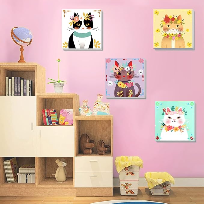 4 Pack Cat Paint by Number for Kids with Wooden Frame - Wooden Easel | Paint by Numbers for Kids Cats Ages 4-8-12, Easy Cat DIY Acrylic Oil Painting Kits for Home Wall Decor (8X8 inch)