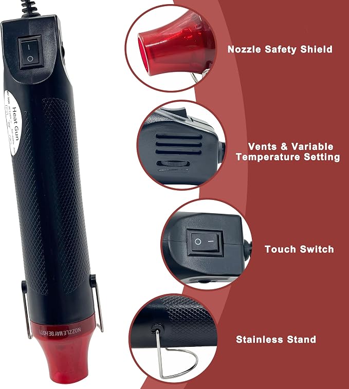 Mini Heat Gun for Crafting, 300W Heat Gun with Variable Temperature Settings Fast Heat Hot Air Gun Tool for Crafting, 6.56Ft Long Cable Heat Gun for Craft Dryer, Drying Paint, Shrink Tubing - Black