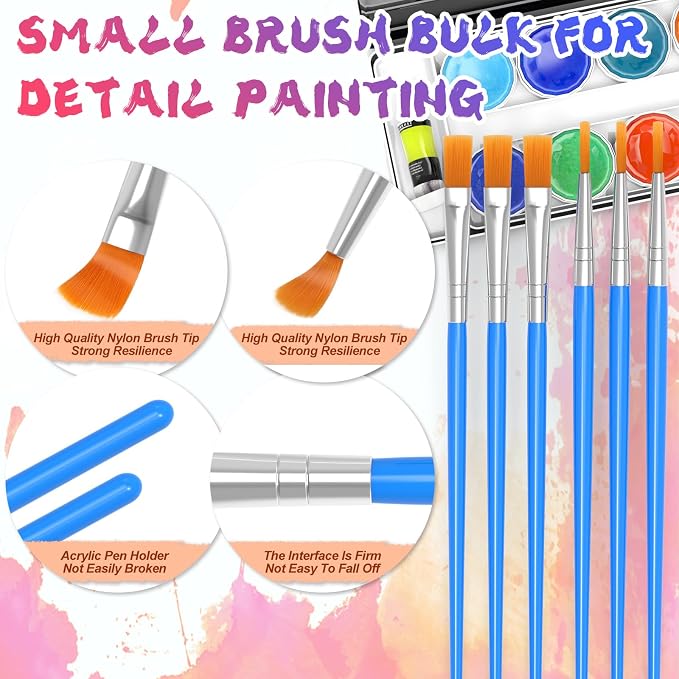 Halobios 100 Pcs Paint Brushes Set for Acrylic Painting, 50 Pcs Flat and 50 Pcs Round Art Paint Brushes, Painting Brushes for Kids Adults Oil Watercolor Rock Painting Body Face Nail Art