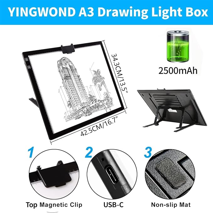 YINGWOND Wireless Rechargeable A3 LED Light Pad w/Built-in Foldable Stand, 3 Color Tone, 6 Levels of Brightness, Battery Powered Evenly Illuminated Light Box for Tracing Drawing and Diamond Painting