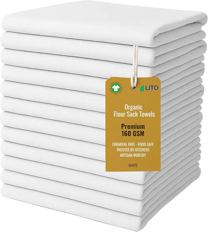 GOTS Certified 100% Organic Cotton Flour Sack | Tea Towel for Crafts| Kitchen Hand and Dish Towel Sets | Baking Bread Proofing Linen Cover| Super Absorbent | 12 Pack 28"x28" Extra Large | White