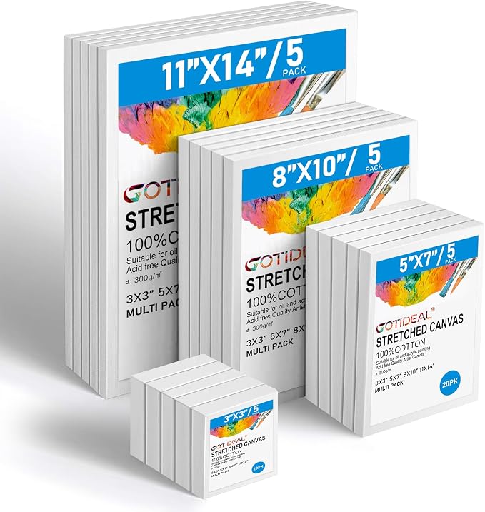 Gotideal Canvas for Painting, 20 Pcs Multi Pack Stretched Paint Canvas | Blank Painting Canvases for Acrylic,Oil,Art Supplies for Artists,Adults 3x3,5x7,8x10,11x14 5pcs of Each