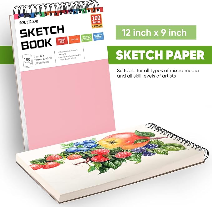 Soucolor 9x12 Sketch Book 2-Pack, 100 Sheets, Acid-Free, Spiral Bound | 68lb acid-free paper,micro-perforated pages,lay-flat spiral binding,ideal for kids, beginners & artists.Pink & purple 2-pack.