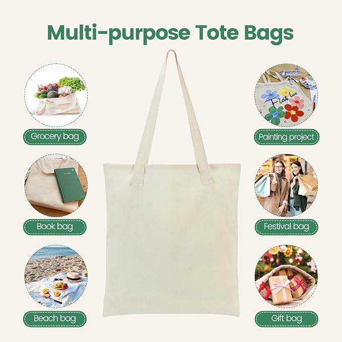 Carbrea 24 Pack Canvas Tote Bag - Lightweight Thin Tote Bags Bulk Blank Shopping Reusable Grocery Bags for DIY Gift Sublimation Activity - Beige