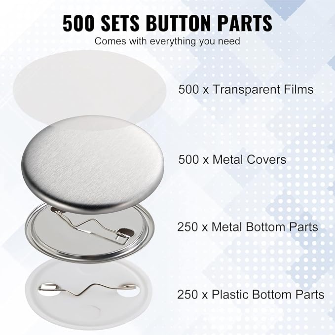 VEVOR 500 Sets 1.25 inch 32mm Pin Back Button Parts for Button Maker Machine, DIY Round Button Badge Parts, Set Includes Metal Top, Plastic/Metal Button, Clear Film, and Blank Paper For Gifts Presents