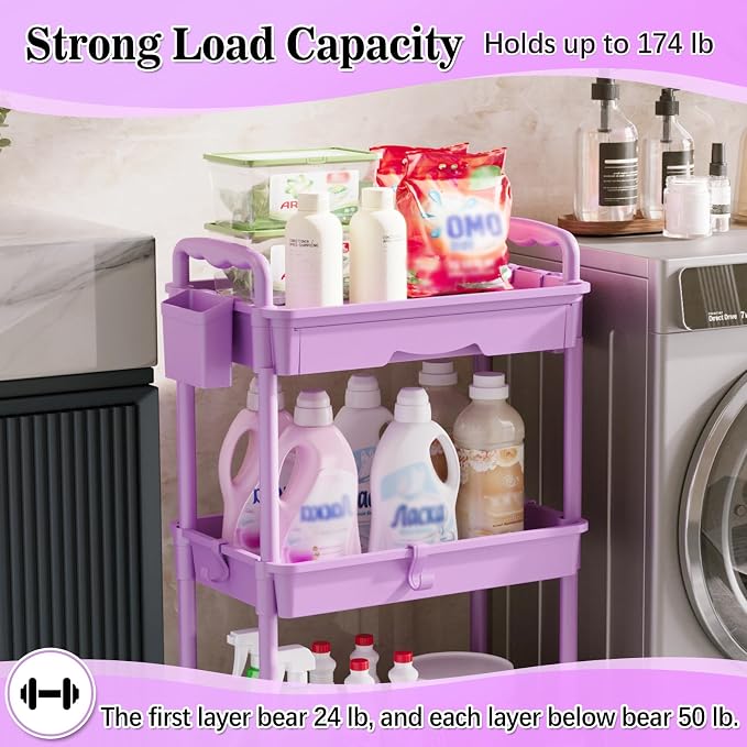 SUNALLY 3 Tier Rolling Cart with Drawer,Craft Storage Cart Organizer,Purple
