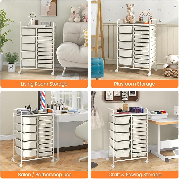 LDAILY 15 Drawer Rolling Storage Cart, Rolling Cart with Drawers for Classroom, Art Supply Craft Organizer on Wheel with Metal Frame & Handles for Home Office School