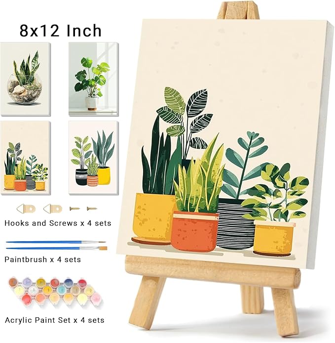 4 Pack Framed Paint By Numbers Kit for Adults Beginner Green Plant Adult Paint By Number Kits on Canvas Plants Painting By Numbers for Adults with Frame Diy Painting Kits for Home Wall Art 8x12 Inch