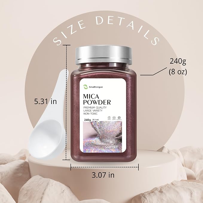 Mica Powder, Copper, 240g with Scoop, Complies with ASTM D-4236 | For Epoxy Resin, Soap, Bath Bomb, Candle| Safety Material| Odorless| Brilliant Colors