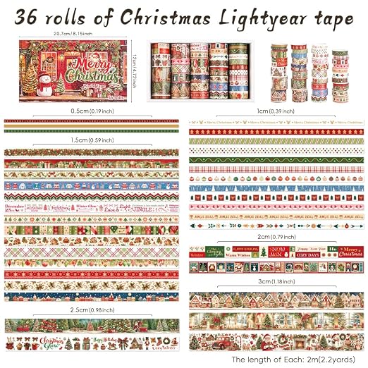 icceemee 36 Rolls Christmas Washi Tape Set, Festive Holiday Decorative Masking Tape, Xmas Planner Scrapbook Journal DIY Craft Gift Wrapping Supplies