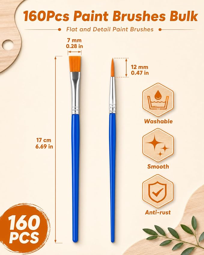 Small Paint Brushes Bulk, 160 Pcs Flat Tip Round Acrylic Paint Brushes for Kids Classroom Acrylic Watercolor Canvas Face Painting Touch Up