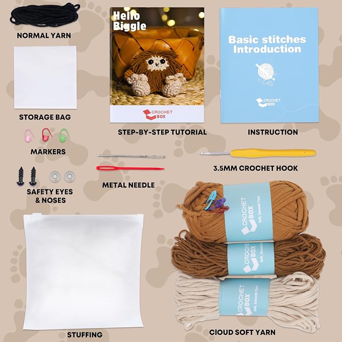 CrochetBox Crochet Kit for Beginner, Bigfoot Learn How to Crochet Stuffed Animals Gift for Adults and Teen(), Knitting Set with Yarn Hook Stitch-by-Stitch Video Tutorial