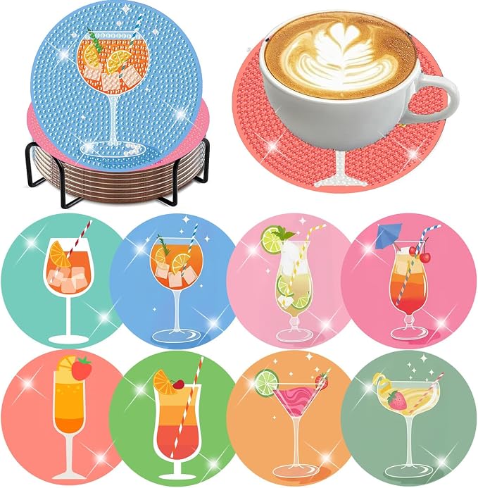 Diamond Art Coasters Kits, 8 Pcs Cocktail Diamond Painting Coasters Kit
