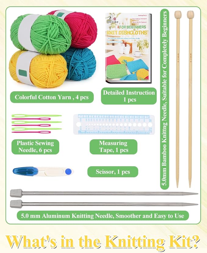 Aeelike Knitting Kit for Beginner Adult, Easy Dishcloth Knit Set, Color A | Knitting Set with Knitting Needles Milk Colorful Cotton Yarn Step-by-Step Instructions, Learn Basic Knitting, Ideal Gift