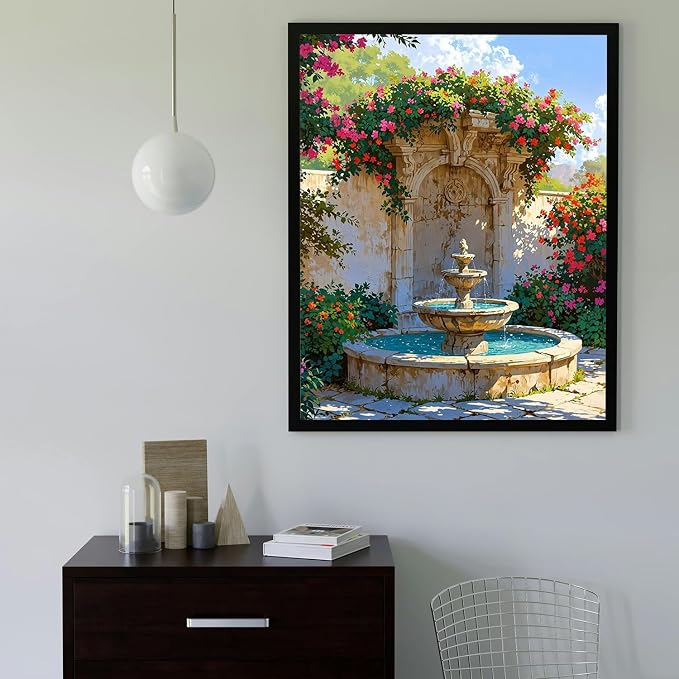 MBNTJHT Landscape Paint by Numbers Kit for Adults Beginner,DIY Fountain and Flowers Paint by Number Kits on Canvas,Unframed Watercolor Art Painting Kit Crafts for Home Wall Decor 16X20 Inch.