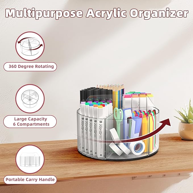 Absonic 250pcs Acrylic Pencil Holder Marker Organizer, Back to School 360-Degree Rotating Pen Holder, Crayon Organizers for Kids Pencil Organizer Caddy Art Supply Lazy Susan Organizer for Desk Office
