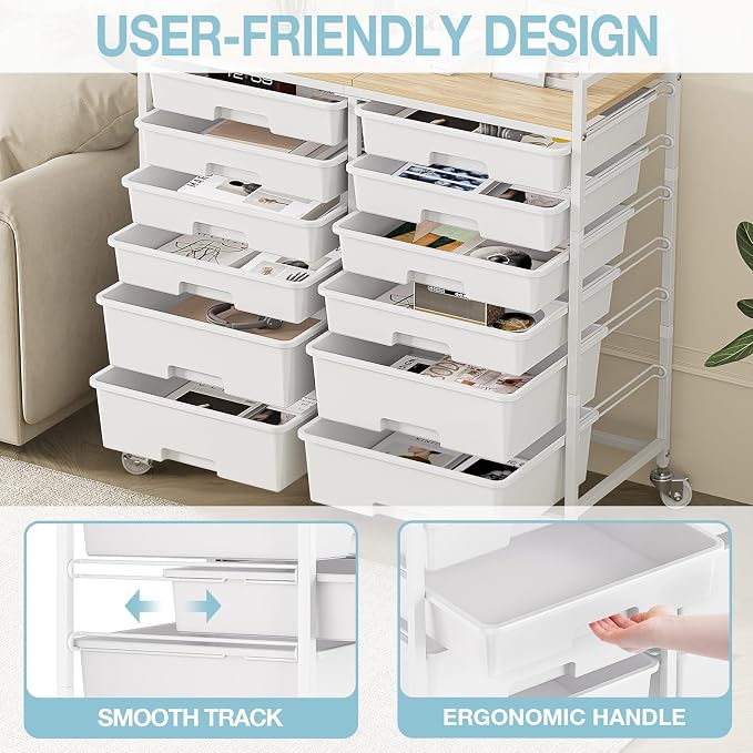 TOOLF 12 Drawers Rolling Storage Cart with Wooden Top for Classroom,White | Teacher Cart Craft Art Supply Organizer, Utility Cart with Lockable Wheels for Home Household Essentials, Office Organization