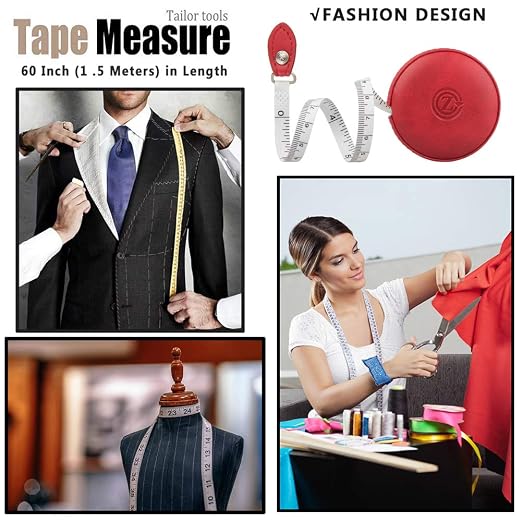 Sewing Tape Measure, Medical Body Cloth Tailor Craft Dieting Measuring Tape, 60 Inch/1.5 M Dual Sided Retractable Ruler with Push Button Round(1 Pack, Red)