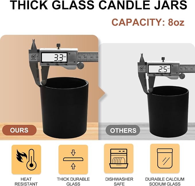 SHOWIN 8 OZ Thick Candle Jars for Making Candles 15 Pcs, Black Empty Jars with Wood Lids for Candle Making, Sample Container,Matte Black
