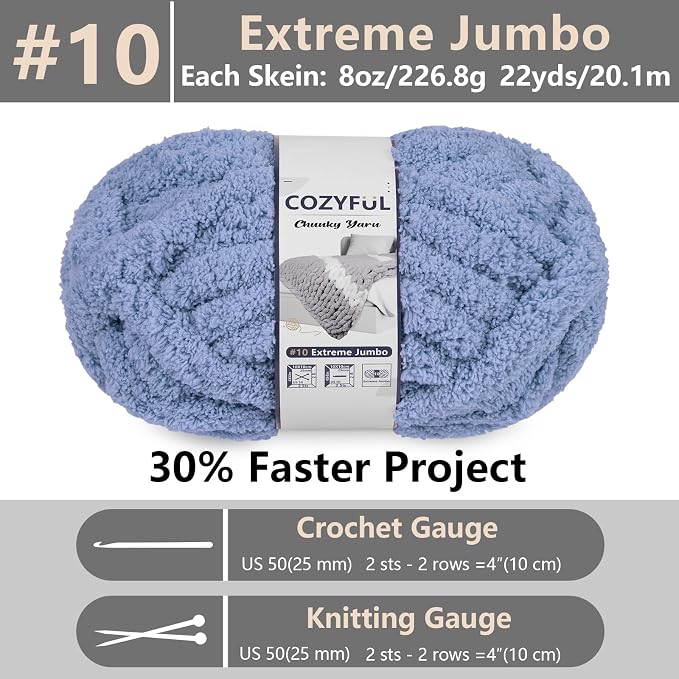 Cozyful Chunky Yarn for Hand Knitting - #10 Chunky Chenille Yarn, Jumbo Big Thick Chunky Yarns for Crocheting, Super Bulky Chunky Knit Blanket Yarns, 8 Skein (22 yds 8 oz Each Skein), Blue Gray