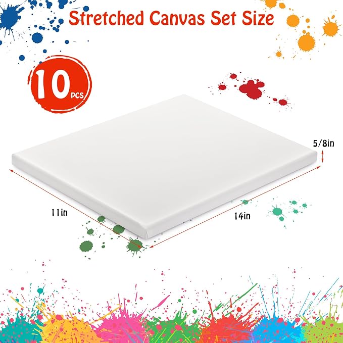 Stretched Canvas for Painting - 11x14 Inch/10 Canvas Value Pack - Triple Primer Acid Free 100% Cotton Blank Canvas for Painting Supplies Oil and Acrylic Pouring Art Watercolor