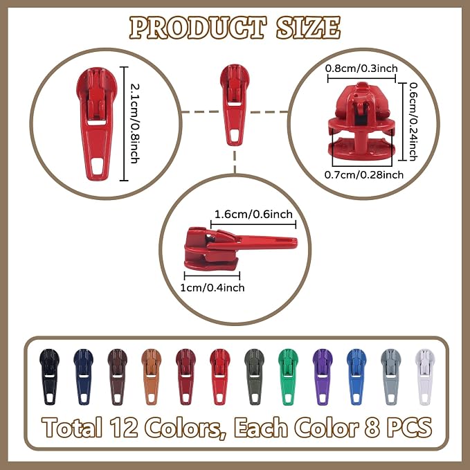 DOITEM 96Pcs Zipper Repair Kit: 3# Zipper Pull Rescue Kit for Clothing, Jackets, Purses, Luggage (12 Colors)