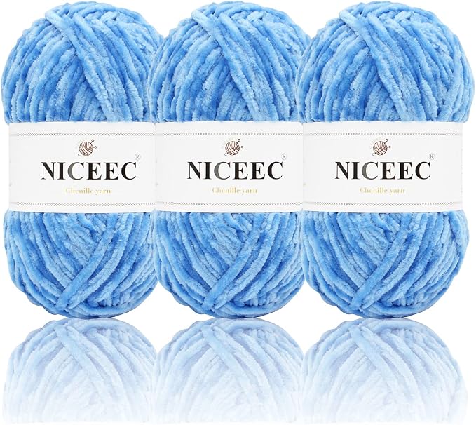 NICEEC 3 Skeins Soft Chenille Yarn 3 x85m (3X 93yds, 3X 50g)_Blue