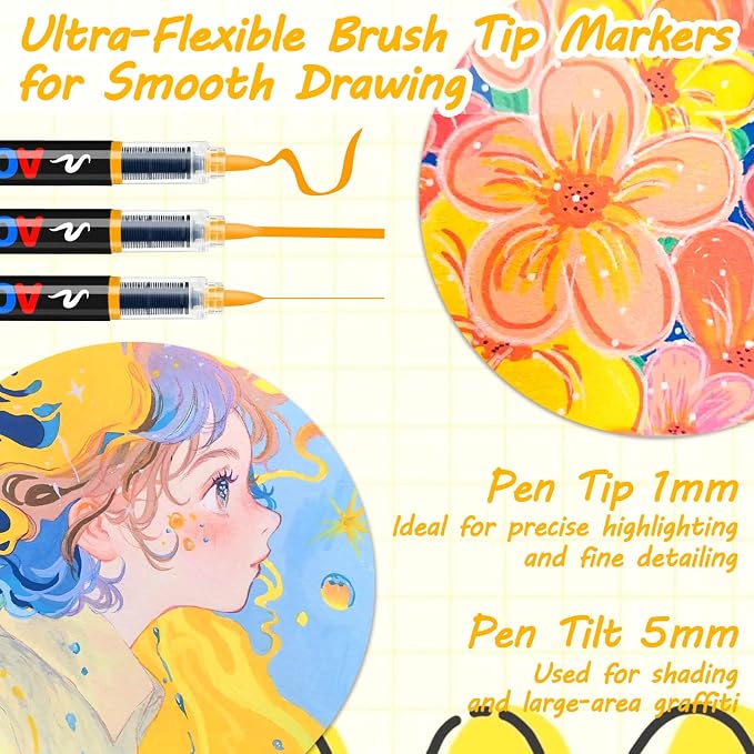 72 Colors Acrylic Paint Markers, Colored Paint Pens Brush Tip with Direct-Liquid Ink Control System, Water-Based Coloring Markers Set for Pumpkin Decorating Kit, Rock, Fabric, Wood, Wood, Art Supplies