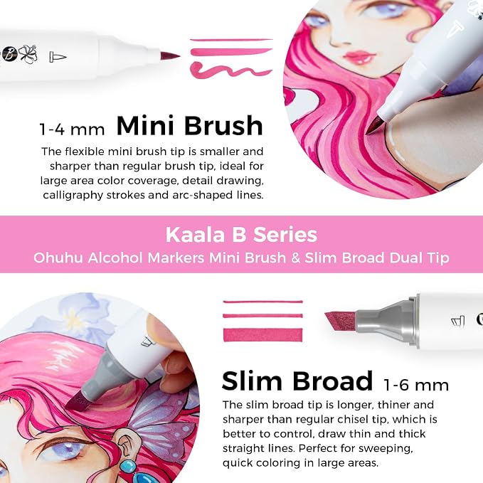 Ohuhu Alcohol Markers Brush Tip 60 Illustration Colors for Adults Coloring | Mini Brush & Slim Broad Dual Tips Alcohol-based Art Marker for Artists Beginners Cozy Coloring Details Drawing, Kaala B