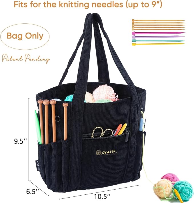 MYBAGZING Crochet Bag and Tote - Corduroy Yarn Bag - Yarn Holder for Crocheting - Crochet Storage Bag for Crochet Hooks, Crochet Accessories, Knitting Bag for Crochet Lovers, Mom Gift