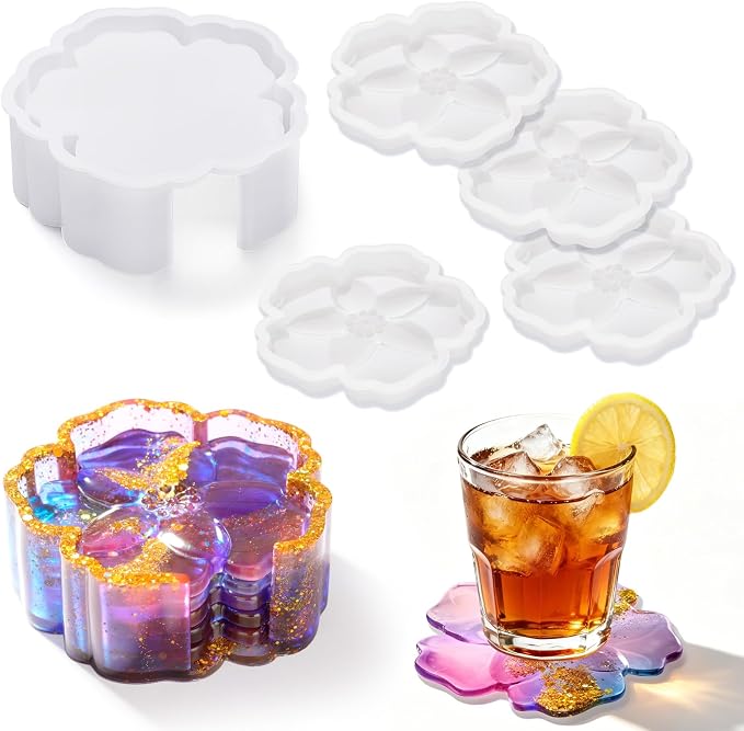 HeyClear 5Pcs Coaster Silicone Resin Molds, Flower Coaster Epoxy Resin Molds with Holder Mold, Resin Casting Molds for Table Coasters, Home Decoration and DIY Art Crafts