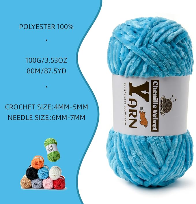 Chenille Crochet Lake Blue Yarn 3 Pack