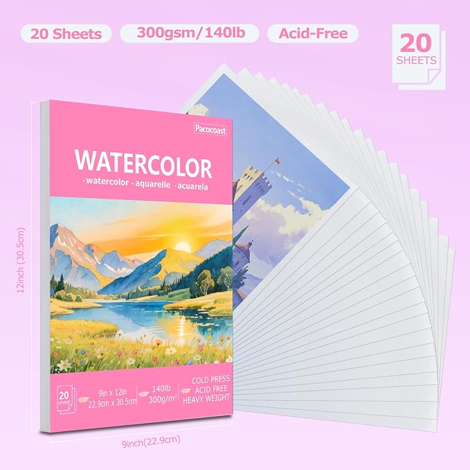 Pacocoast 9"x12" Watercolor Paper Pad, 140lb/300gsm Water Color Paper, Pink