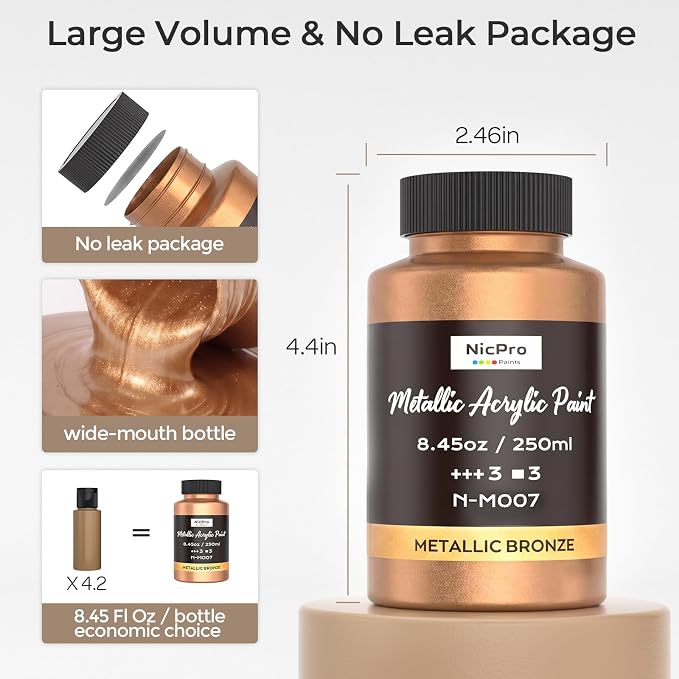 Nicpro Metallic Bronze Acrylic Paint, 8.45oz/250ml Bronze Craft Paint | Large, Non Toxic, Non Fading Art Paint for Wood, Metal, Clay, Fabric, Canvas, Ceramic, Furniture, Handcrafts