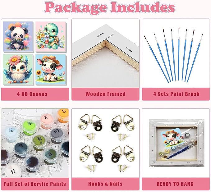 4 Pack Animal Paint by Number for Kids with Wooden Frame - Wooden Easel | Paint by Numbers for Kids Ages 4-8-12, Easy Panda Sea Turtle Owl Cow DIY Oil Painting Kits for Home Wall Decor (8X8 inch)