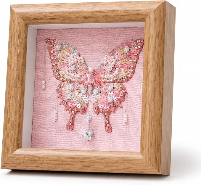 LKTEE Butterfly Bead Embroidery Kit, Hand Embroidery Starter Kit for Beginners Adults with Wooden Frame, Beaded Embroidery Kits DIY Craft Sewing Supplies for Gift Home Decoration (Pink)